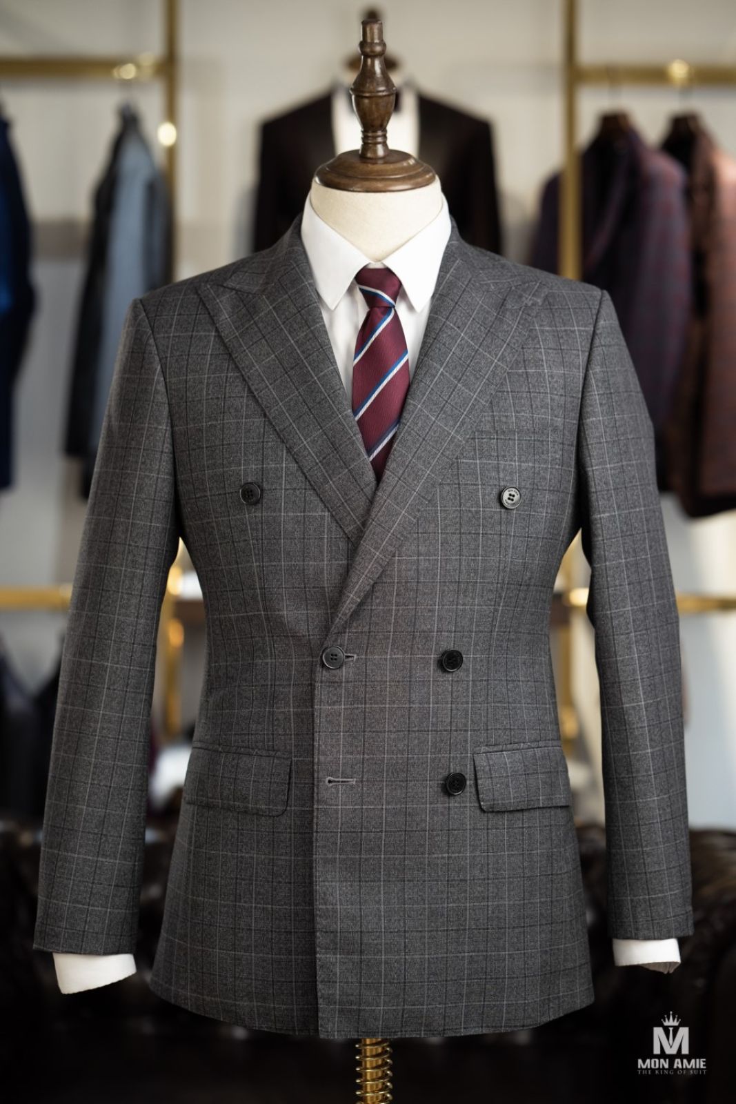 Double Breasted Mix Plaid On Grey Suit 